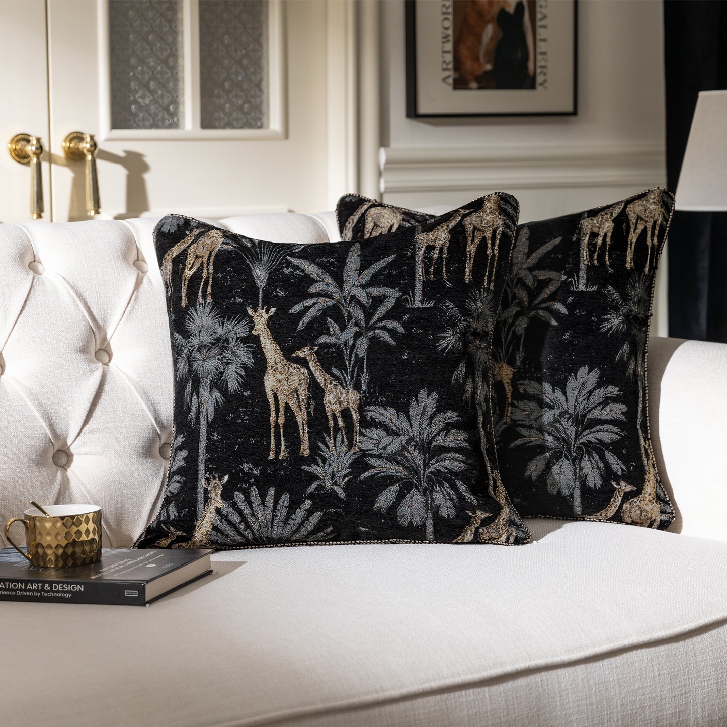 Vintage Giraffe Palm Tree 20" Square Jacquard Pillow Cover 1-Piece