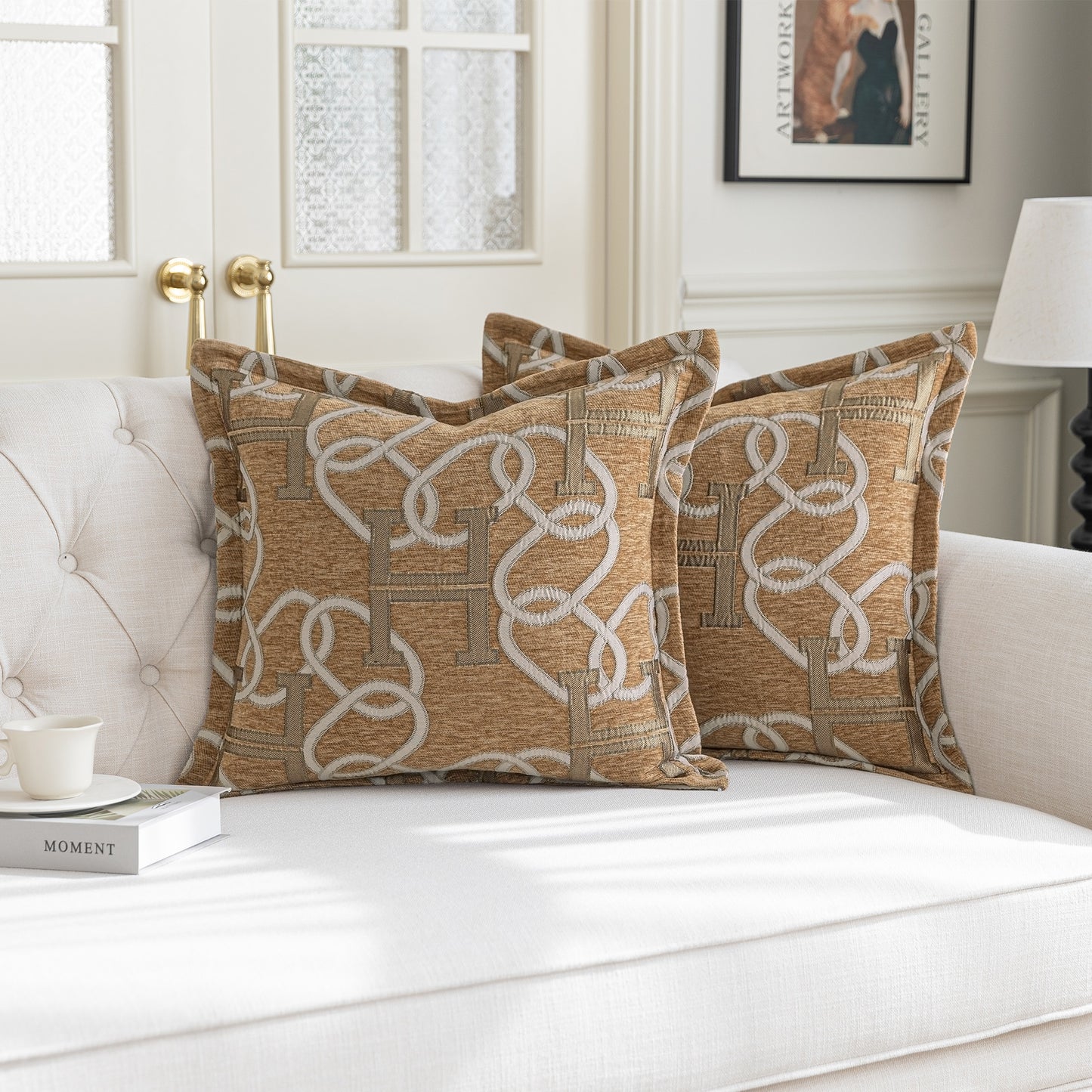 1-Piece Letter H & Chain 20"x20" Pillow Covers Light Brown