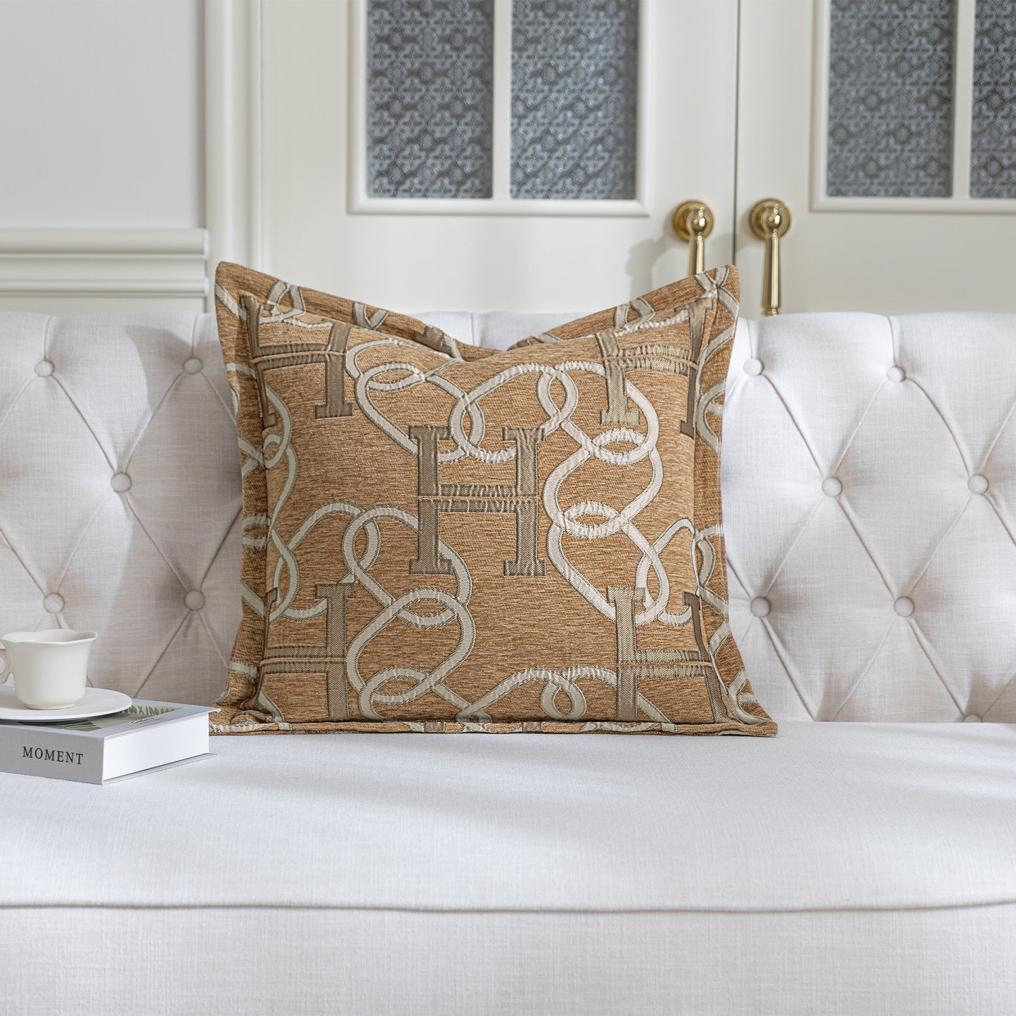 1-Piece Letter H & Chain 20"x20" Pillow Covers Light Brown