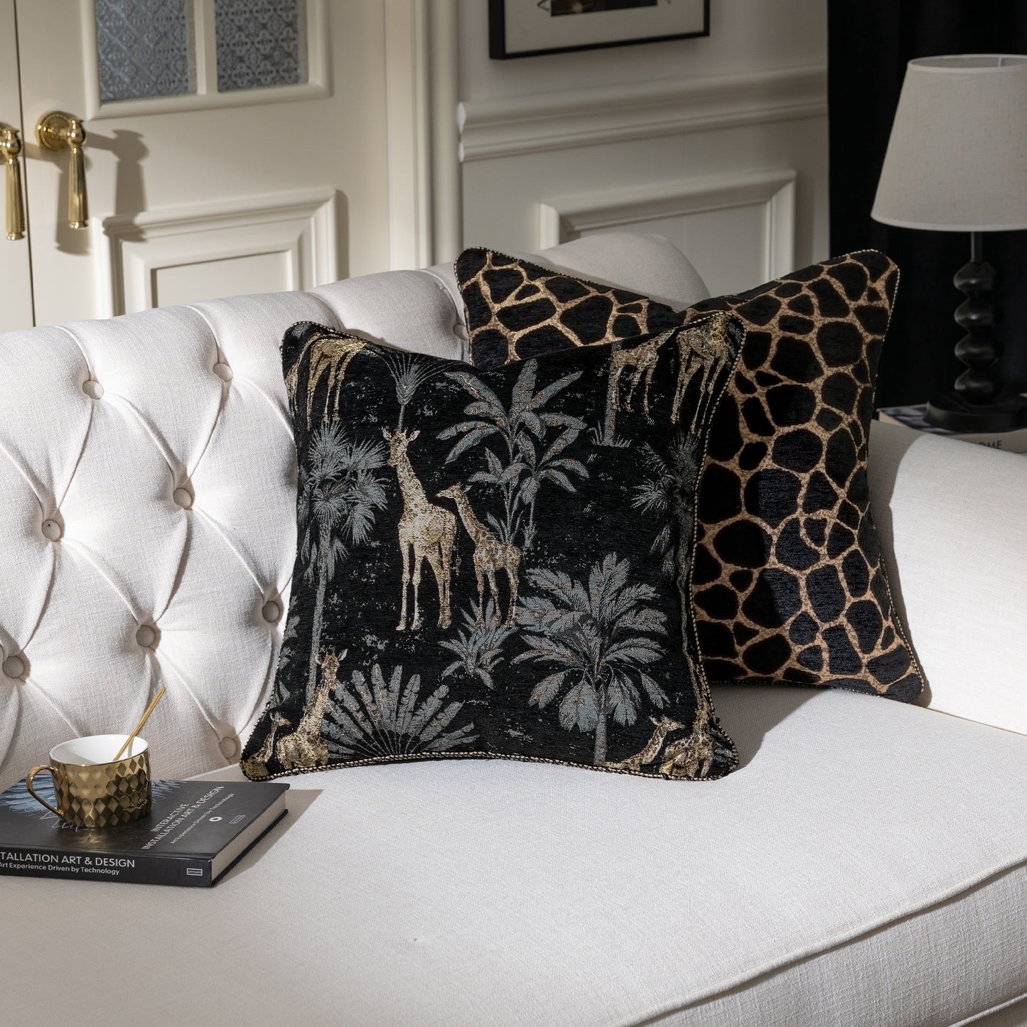 Vintage Giraffe Palm Tree 20" Square Jacquard Pillow Cover 1-Piece
