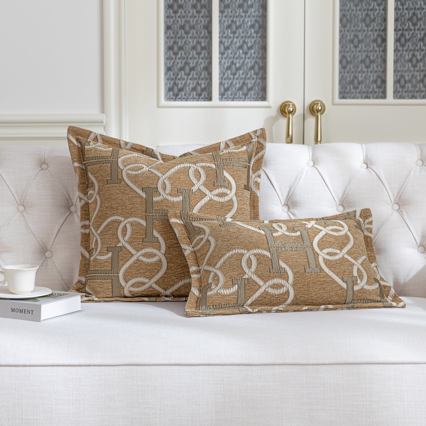 1-Piece Letter H & Chain 20"x20" Pillow Covers Light Brown